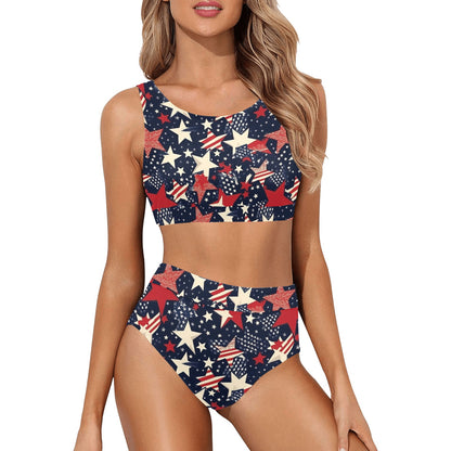 American Flag Stars Sports Bikini Set, USA Red White Blue Patriotic 4th of July High Waisted Cheeky Bottom Halter Top Swimsuits Women Padded Starcove Fashion