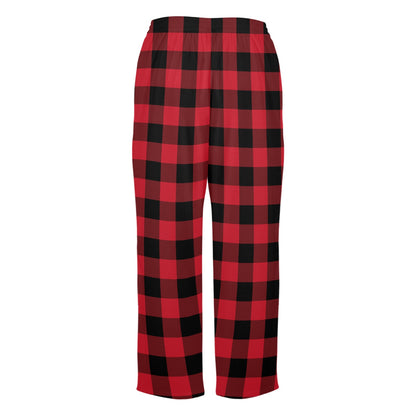 Red Buffalo Plaid Women Pajamas Pants, Black Check Christmas Xmas Satin PJ Funny Pockets Trousers Couples Matching Ladies Trousers Bottoms