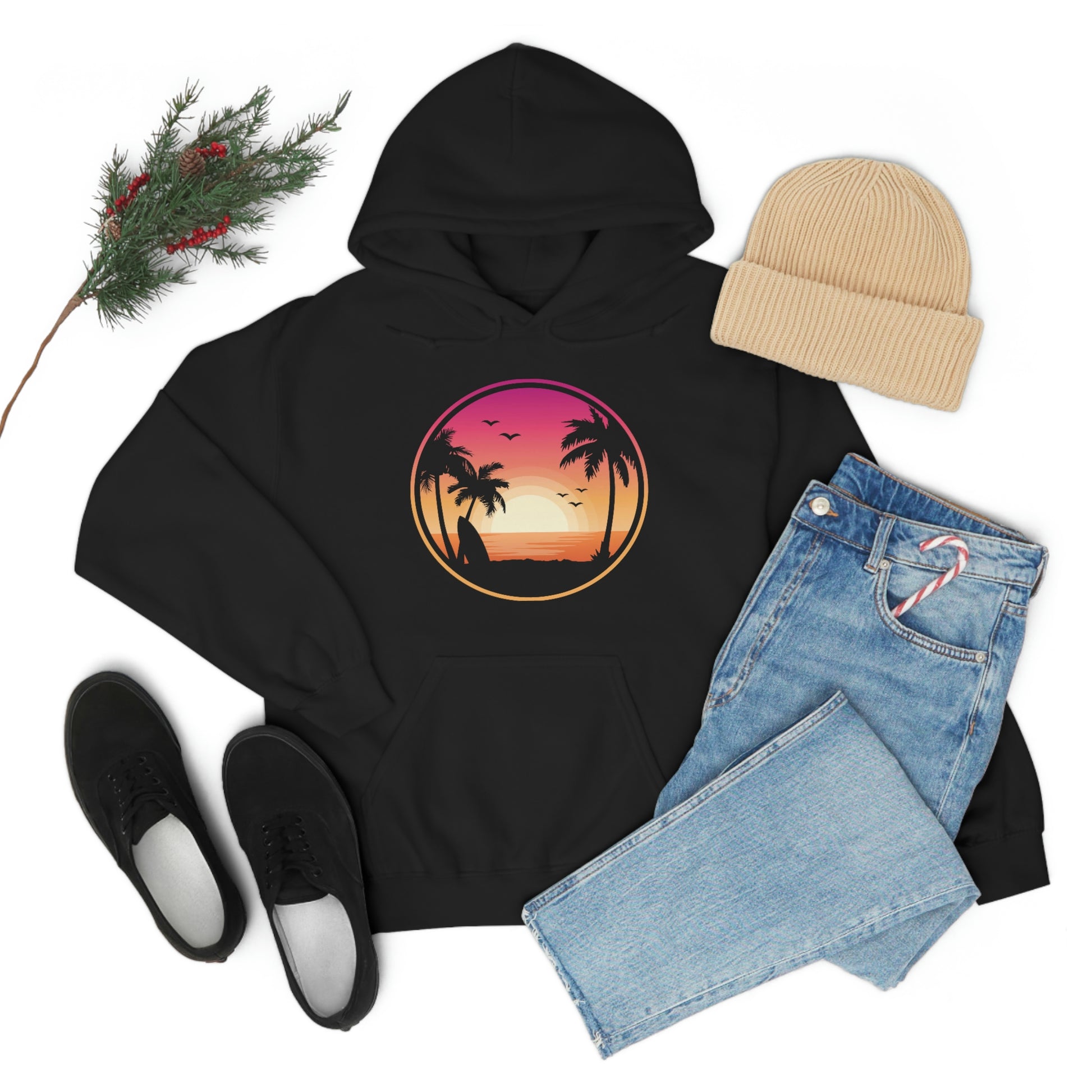 Beach Hoodie, Ocean Palm Trees Sun Pullover Men Women Adult Aesthetic Graphic Cotton Hooded Sweatshirt with Pockets Starcove Fashion