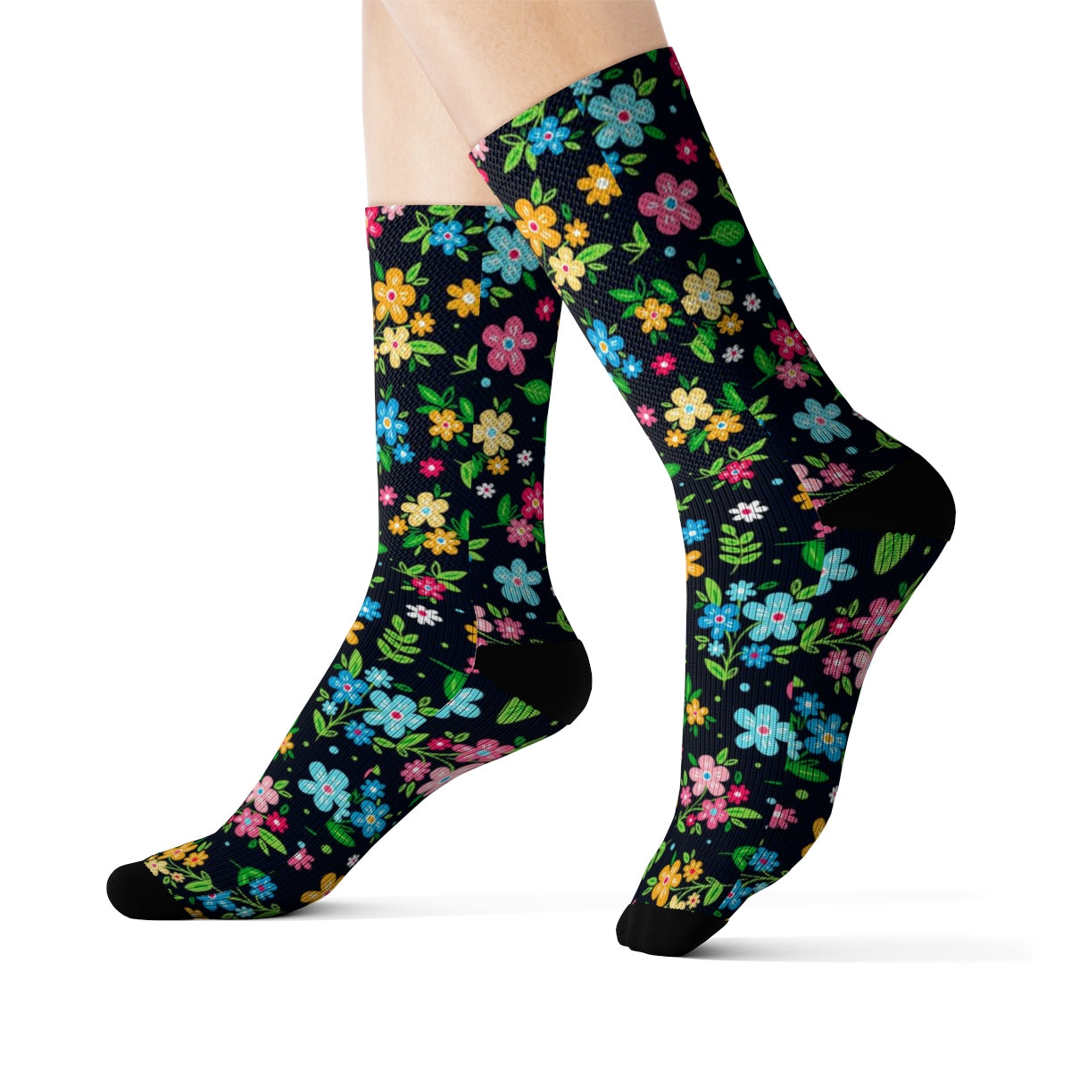 Floral Socks, Black Pattern 3D Sublimated Crew Socks Flowers Sublimation Women Men Dress Fun Novelty Cool Casual Cute Unique Gift Starcove Fashion