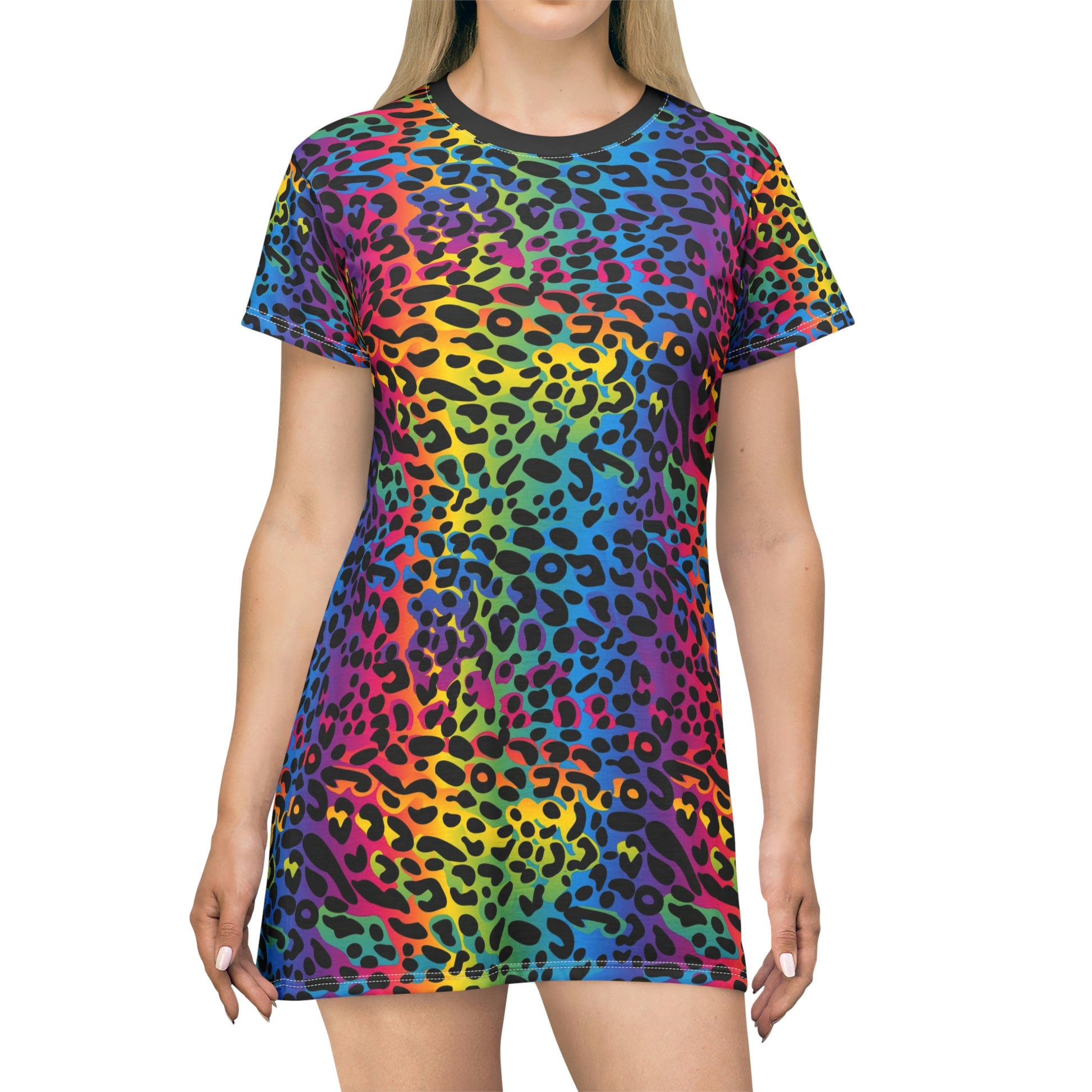 Rainbow Leopard Tshirt Dress, Animal Print Women Summer Beach Cute Festival Party Casual Short Sleeve Girls Ladies Tee Starcove Fashion