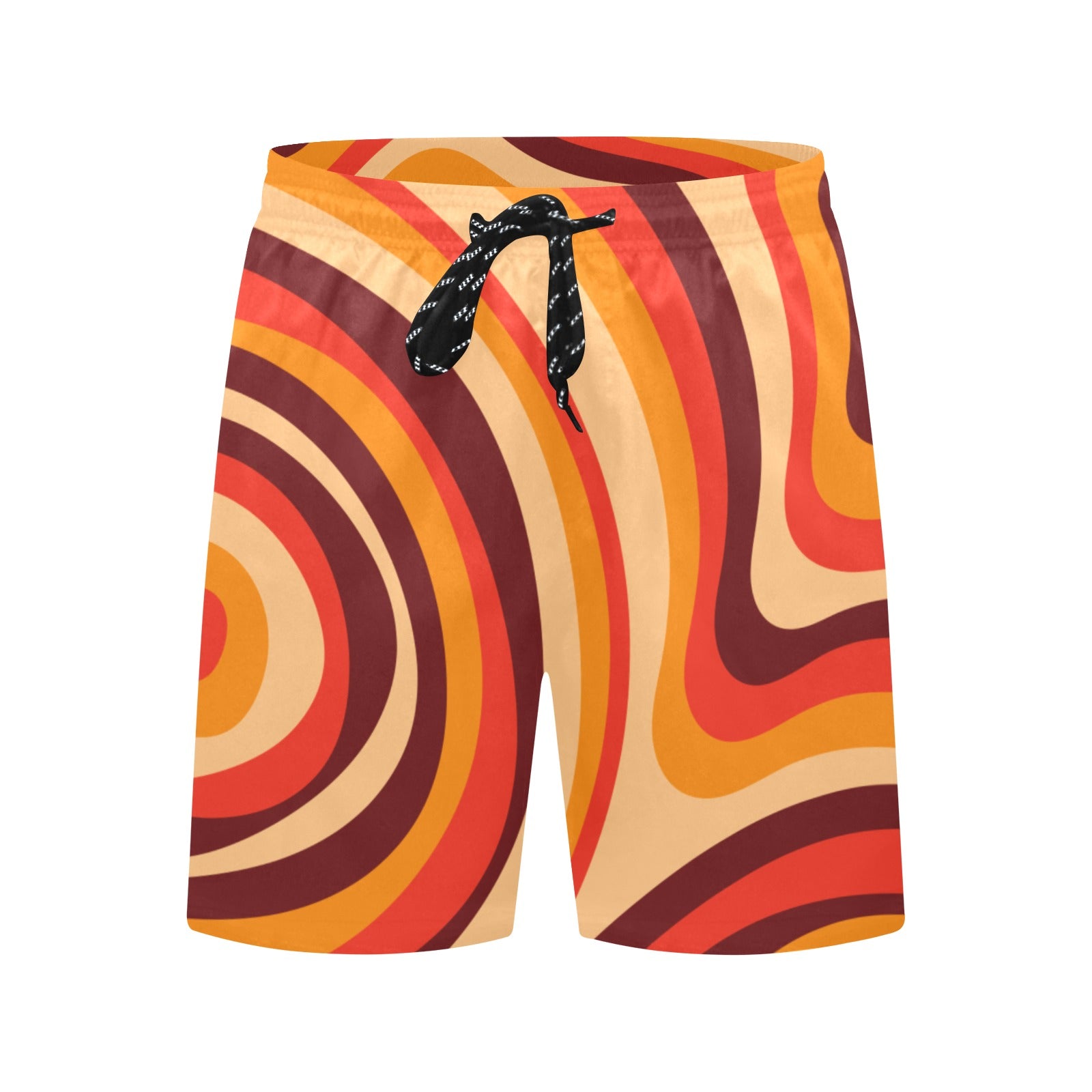 Vintage Men Mid Length Shorts, Retro Groovy Brown Orange 70s Beach Swim Trunks Front Back Pockets Mesh Drawstring Casual Bathing Suit Summer Starcove Fashion