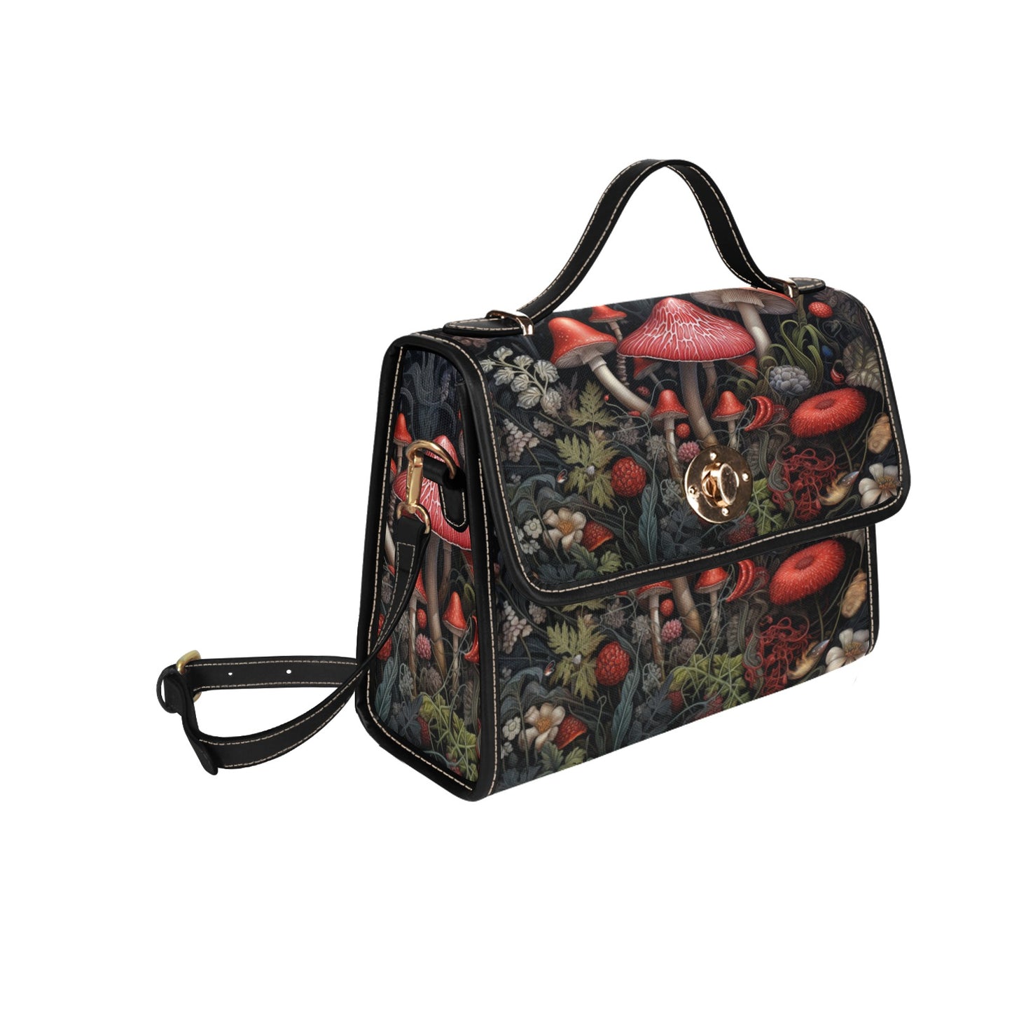 Red Mushroom Canvas Satchel bag, Wildflowers Forest Vintage Cottagecore Waterproof Cute Women Crossbody Purse Vegan Leather Strap Handbag Starcove Fashion