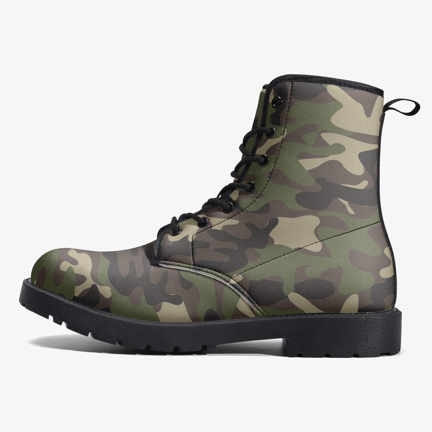 Camouflage Women Vegan Leather Combat Boots, Green Army Camo Lace Up Shoes Hiking Festival Black Ankle Work Winter Casual Custom