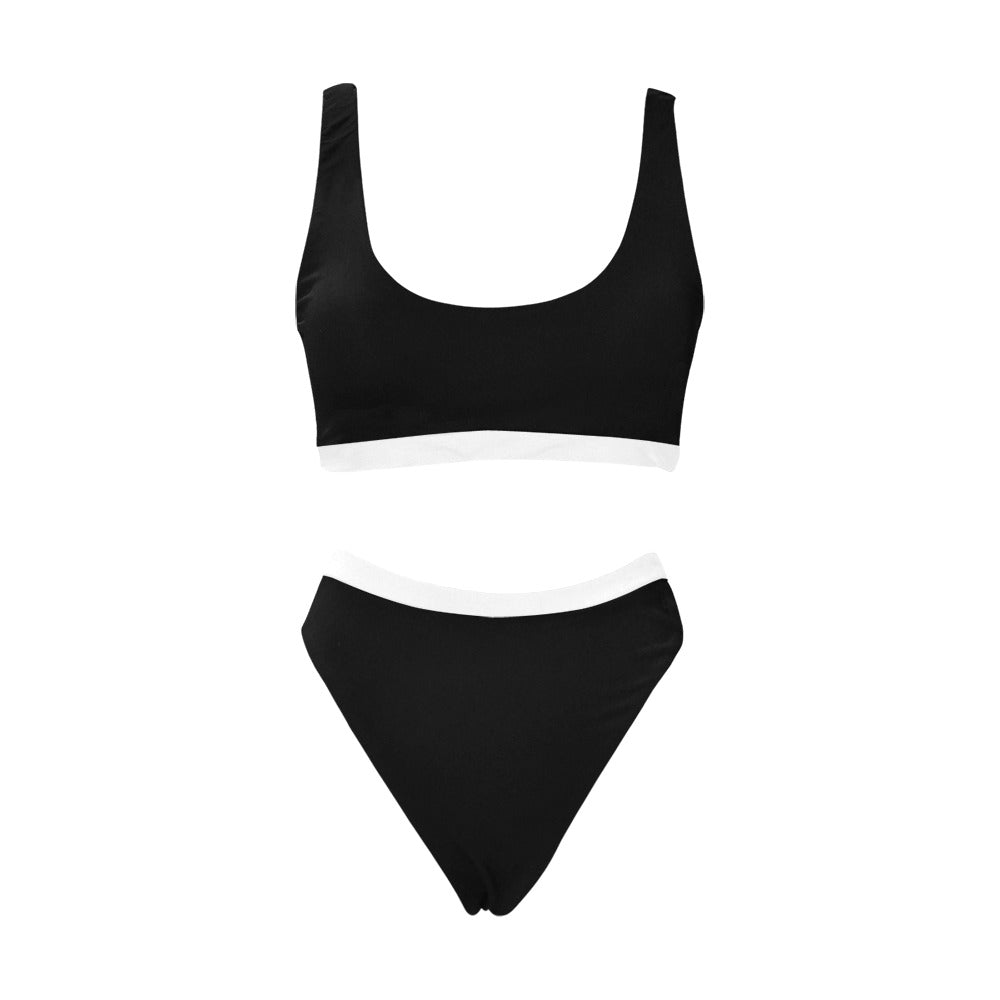 Black Bikini Set, High Waisted Color Block White Sexy Sport Top 90s Bikini Cheeky Bottom Swimsuit Swimwear Bathing Suit Two Piece