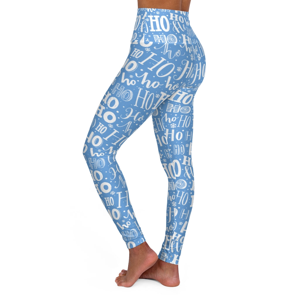 Ho Ho Ho Christmas Yoga Leggings Women, Blue Xmas Skinny High Waisted Pants Cute Printed Graphic Workout Designer Tights Starcove Fashion