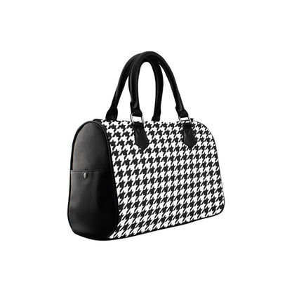 Houndstooth Top Handle Handbag, Black White Art Print Purse Canvas and Leather Barrel Type Boho Designer Accessory Bag Gift Starcove Fashion