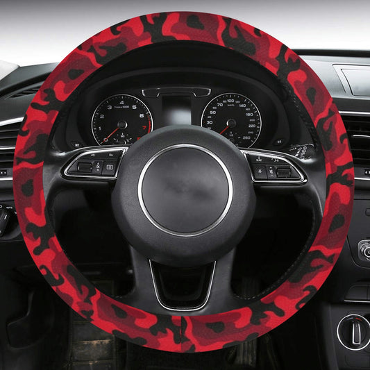Red Black Camo Steering Wheel Cover Anti-Slip Neoprene, Camouflage Driving Print Car Auto Wrap Protector Men Women Accessories 15 Inch