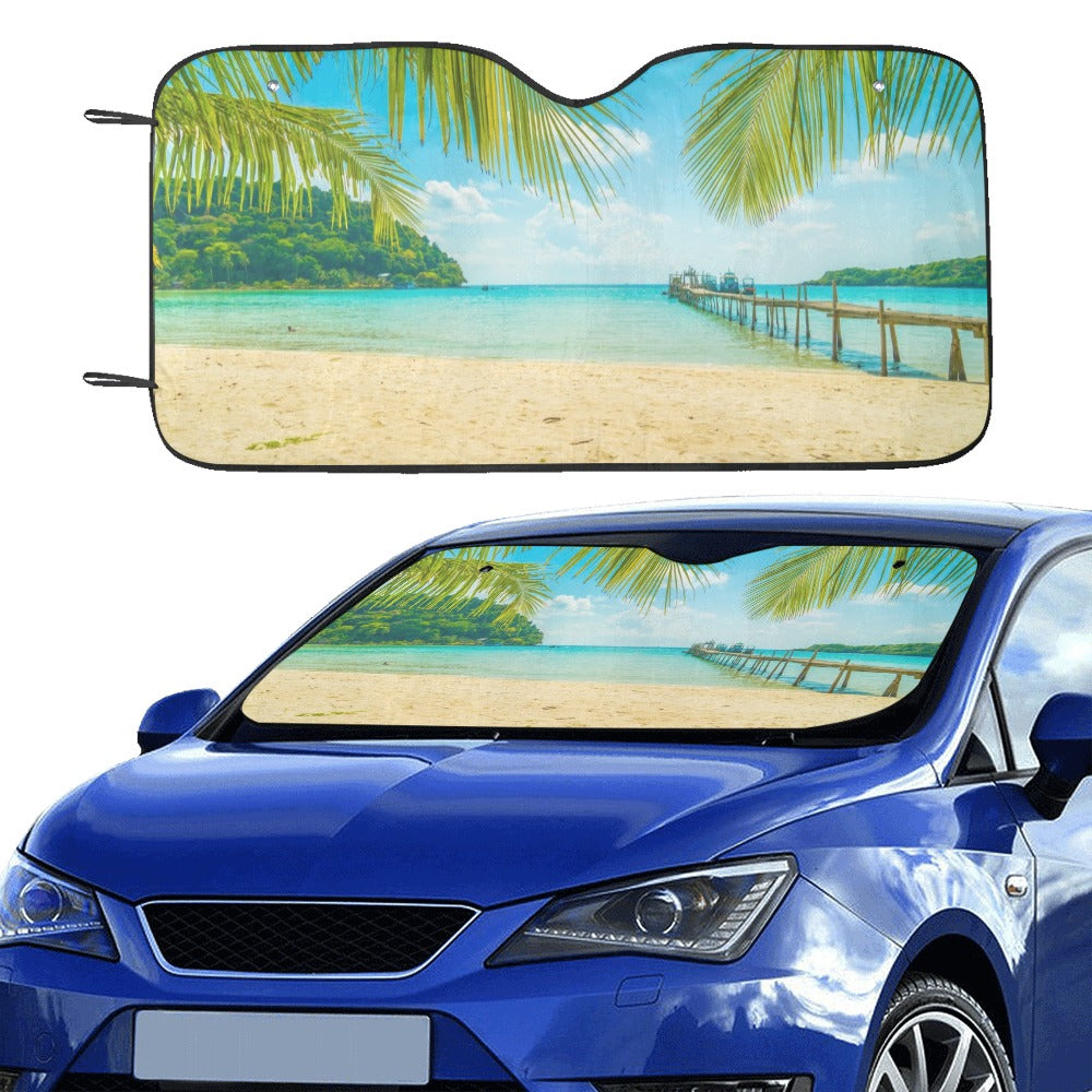 Tropical Beach Car Sun Shade, Ocean Sea Palm Tree Windshield Accessories Auto SUV Protector Window Visor Screen Cover Decor Sunshade Starcove Fashion