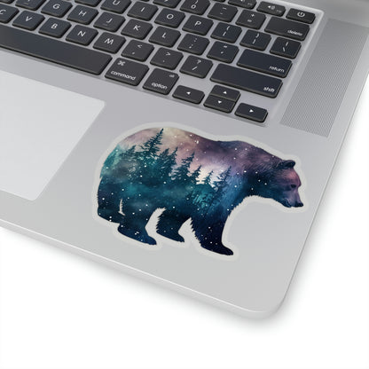 Bear Sticker, Double Exposure Galaxy Trees Art Laptop Decal Vinyl Waterbottle Tumbler Car Waterproof Bumper Die Cut Wall Clear