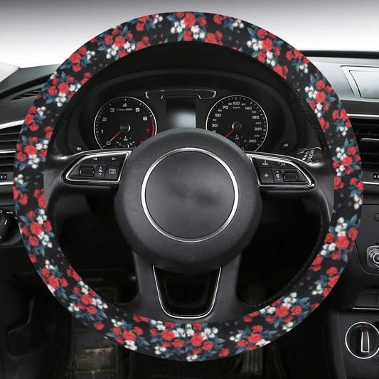 Red Roses Steering Wheel Cover with Anti-Slip Insert, Flowers Floral Botanical Women Print Car Auto Wrap Protector Accessories