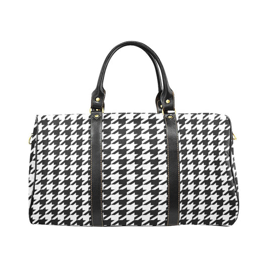 Houndstooth Waterproof Travel Bag, Black White Top Zipper Shoulder Bag Leather Strap Handle Overnight Weekender Duffle Carry On Luggage