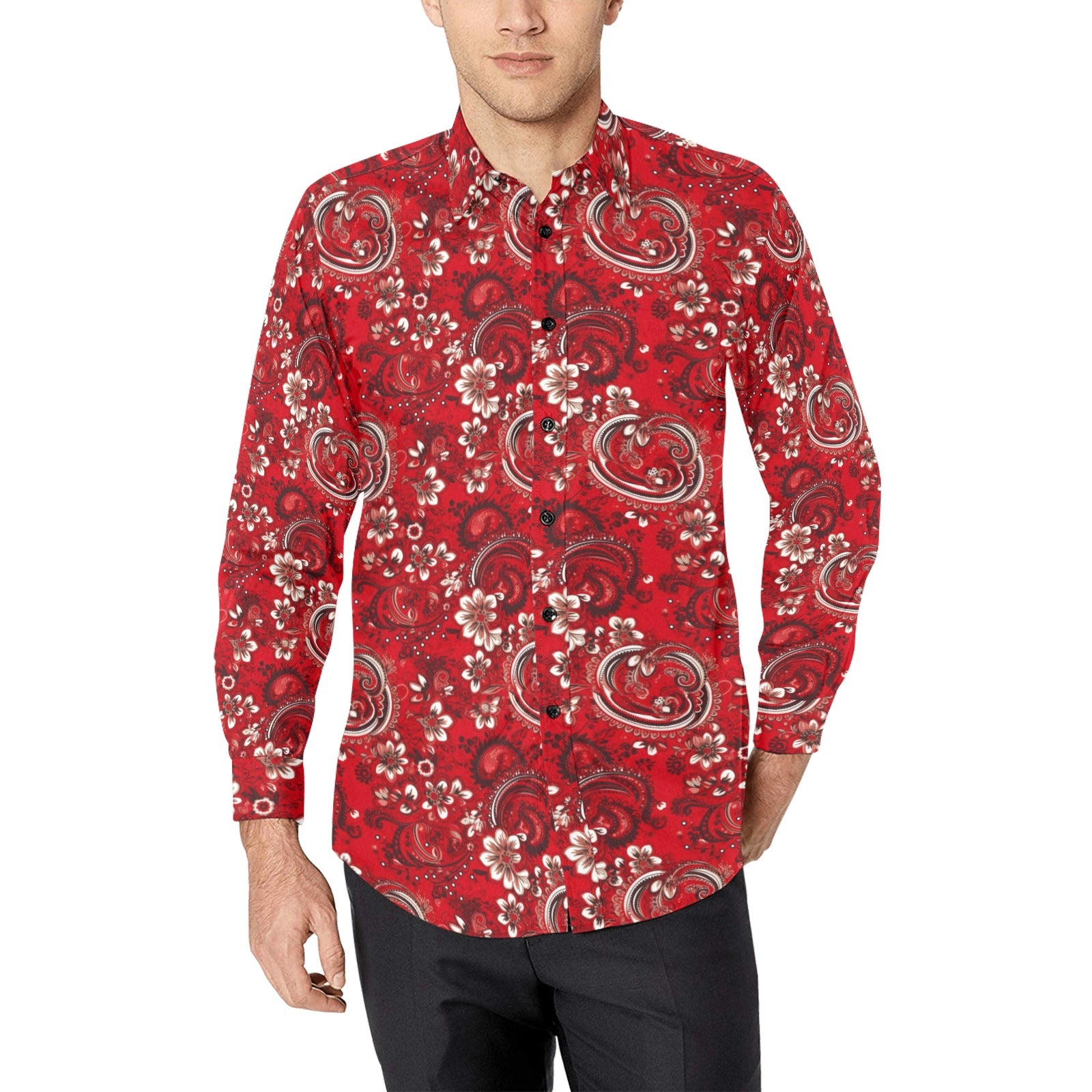 Red Paisley Men Button Up Shirt, Bandana Long Sleeve Pattern Print Dress Buttoned Collar Casual Dress Collared Shirt with Chest Pocket Starcove Fashion