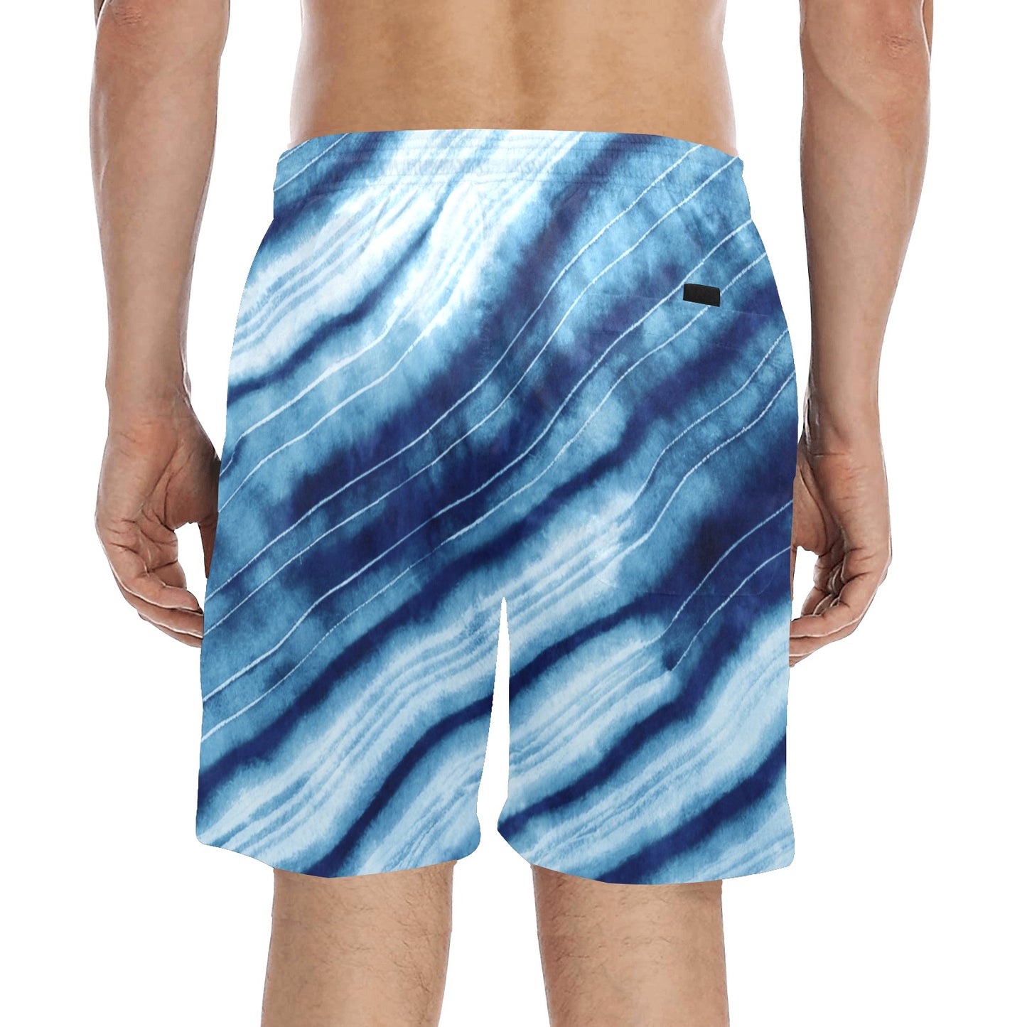 Tie Dye Men Swim Trunks, Blue Shibori Mid Length Shorts Beach Pockets Mesh Lining Drawstring Boys Casual Bathing Suit Plus Size Swimwear Starcove Fashion