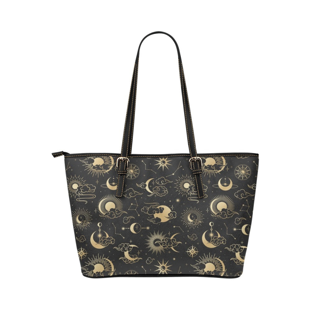 Moon Stars Sun Tote Bag Purse, Galaxy Space Print Handbag High Grade Leather Zip on Top Designer Handmade Shoulder Bag For Women Starcove Fashion
