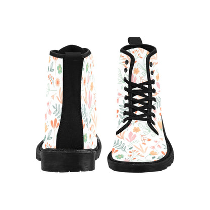 White Floral Combat Boots Women, Pink Flowers Vegan Canvas Lace Up Shoes Print Black Ankle Casual Custom Gift Starcove Fashion