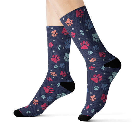 Dog Paws Pattern Socks, Blue 3D Sublimation Socks Women Mom Men Funny Fun Novelty Cool Funky Crazy Casual Cute Unique Gift Starcove Fashion