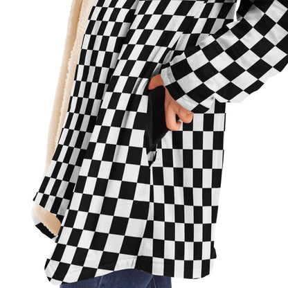 Checkered Hooded Cloak, Black White Check Men Women Modern Winter Warm Mink Blanket Festival Rave Wearable Cape with Pockets