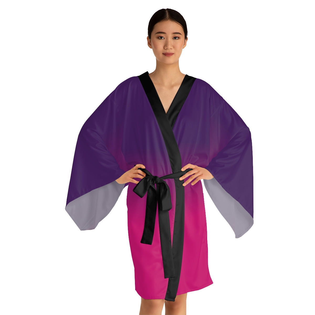 Pink Purple Kimono Robe Long Sleeves, Ombre Tie Dye Gradient Print Peignoir Japanese Women's Short Sexy Lounge Sleepwear Pajama Bathrobe Starcove Fashion