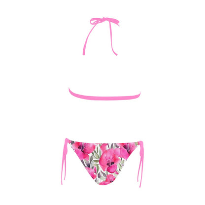 Pink Flowers High Waisted Bikini Set, Floral High Waist Bottom Bathing Suit Sexy Triangle Padded Halter Plus Size Swimsuit