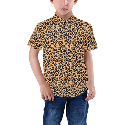 Leopard Boys Button Up Shirt, Animal Cheetah Print Kids Dress Buttoned Collar Dress Shirt with Chest Pocket Short Sleeve Starcove Fashion