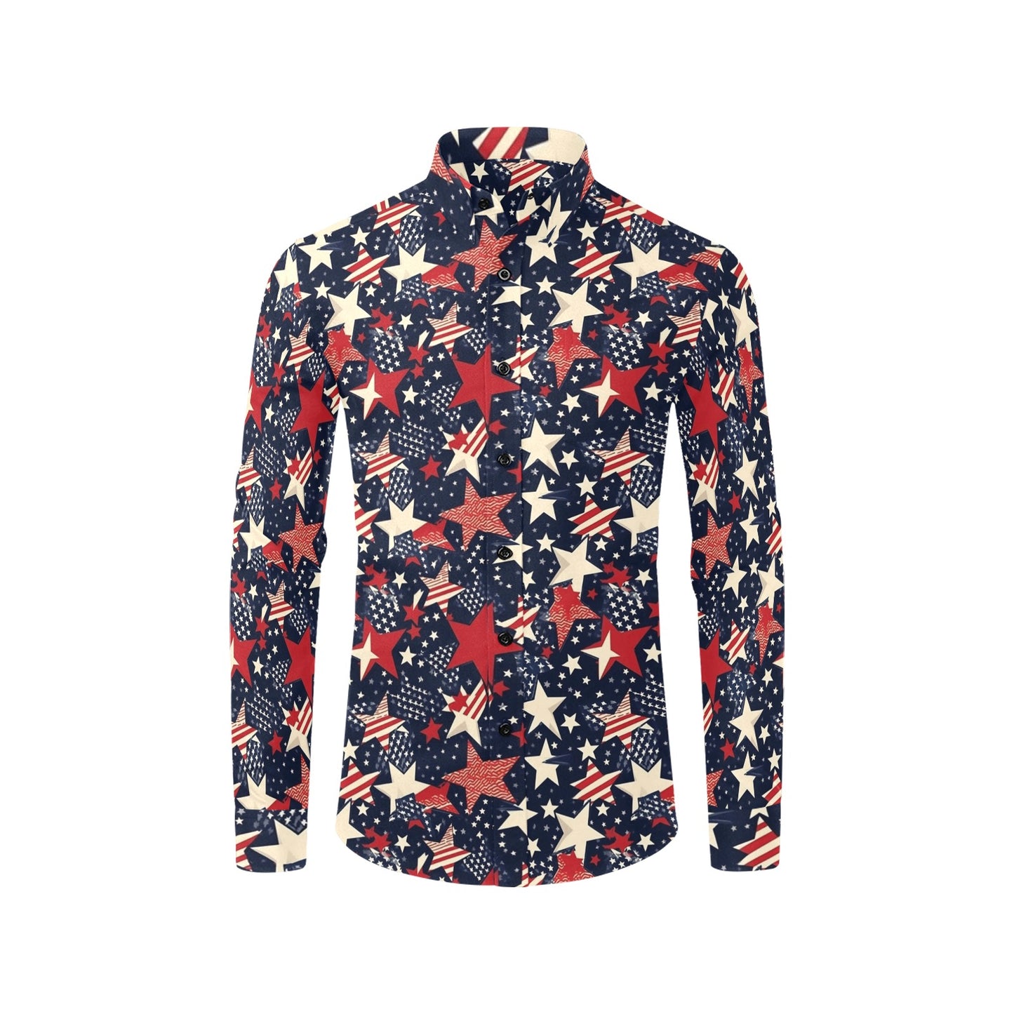 American Stars Long Sleeve Men Button Up Shirt, Patriotic USA Flag Red White Blue Print Buttoned Collar Casual Dress Shirt with Chest Pocket Starcove Fashion