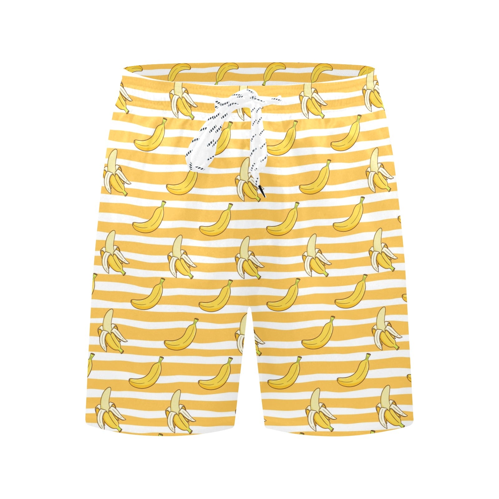 Banana Men Mid Length Shorts, Striped Yellow Funny Beach Swim Trunks Front and Back Pockets Mesh Drawstring Boys Casual Bathing Suit Summer Starcove Fashion