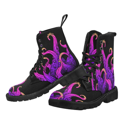 Octopus Tentacles Women's Boots, Purple Goth Pattern Vegan Canvas Festival Party Lace Up Shoes Fashion Print Ankle Combat Casual Custom Gift Starcove Fashion
