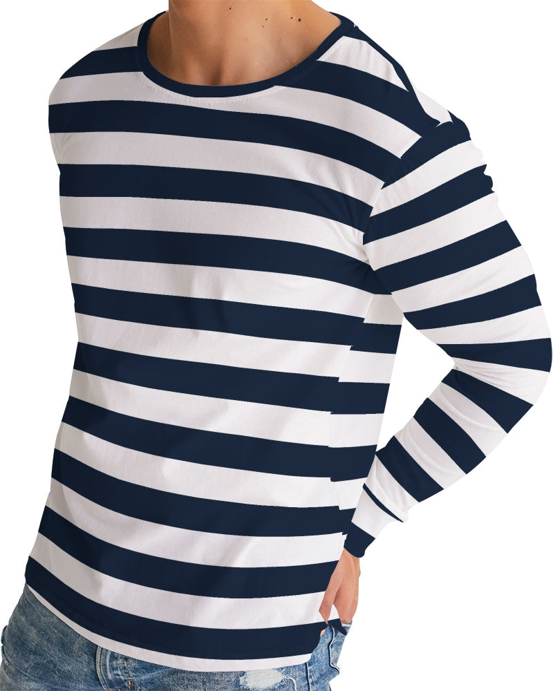 Navy and White Striped Men Long Sleeve Tshirt, Blue Broad Unisex Women Designer Graphic Aesthetic Crew Neck Tee Starcove Fashion