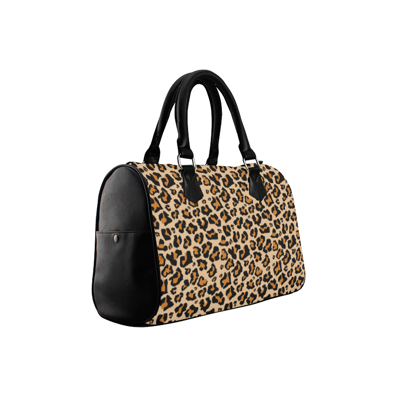 Leopard Print Purse Handbag, Animal Cheetah Canvas and Leather Top Handle Boston Barrel Type Designer Accessory Women Bag Starcove Fashion