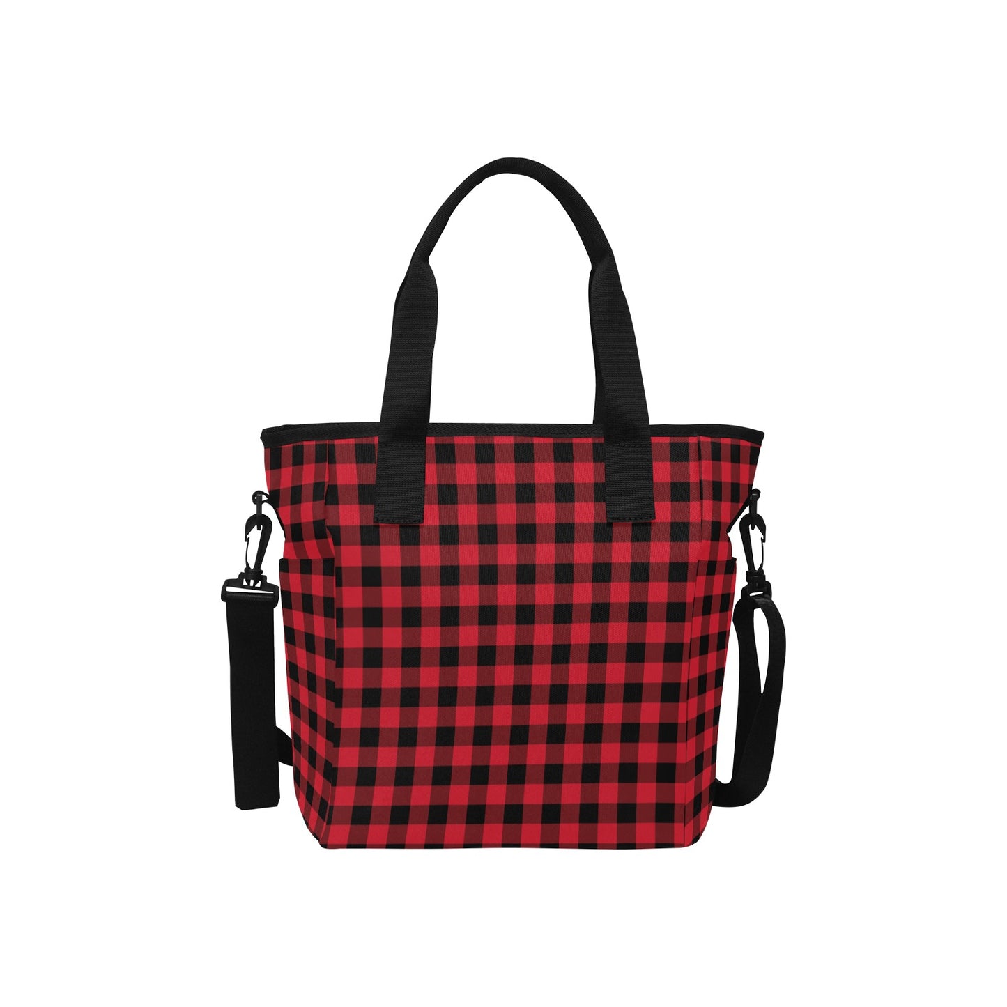 Red Buffalo Plaid Canvas Tote Bag with Shoulder Strap, Check Print Black Beach Summer Aesthetic Shopping Reusable Bag with Pockets