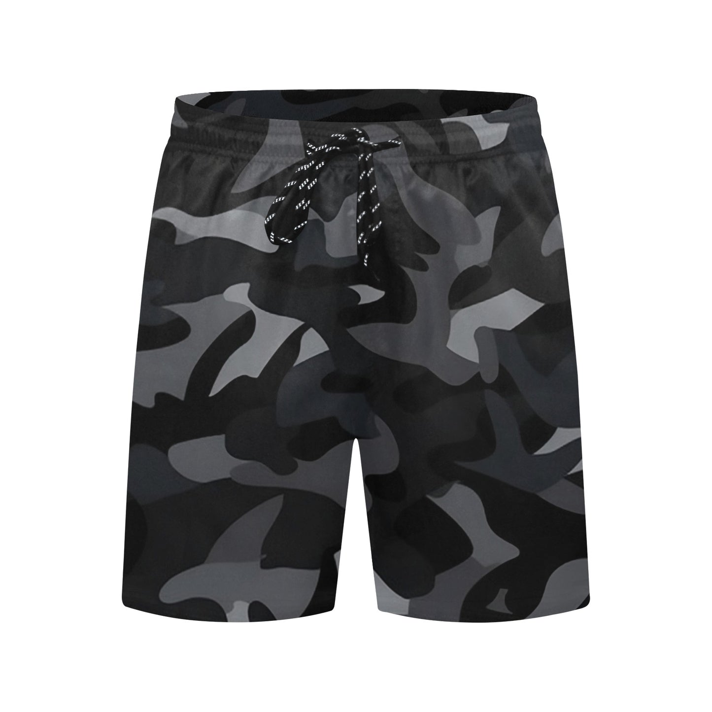 Black Camo Men Swim Trunks, 7" Inseam Shorts Green Camouflage Beach Pockets Mesh Lining Drawstring Casual Bathing Suit Plus Size Swimwear