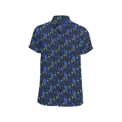 Jellyfish Men Button Down Shirt Chest Pocket, Ocean Sea Blue Short Sleeve Casual Print Buttoned Up Collar Dress Shirt