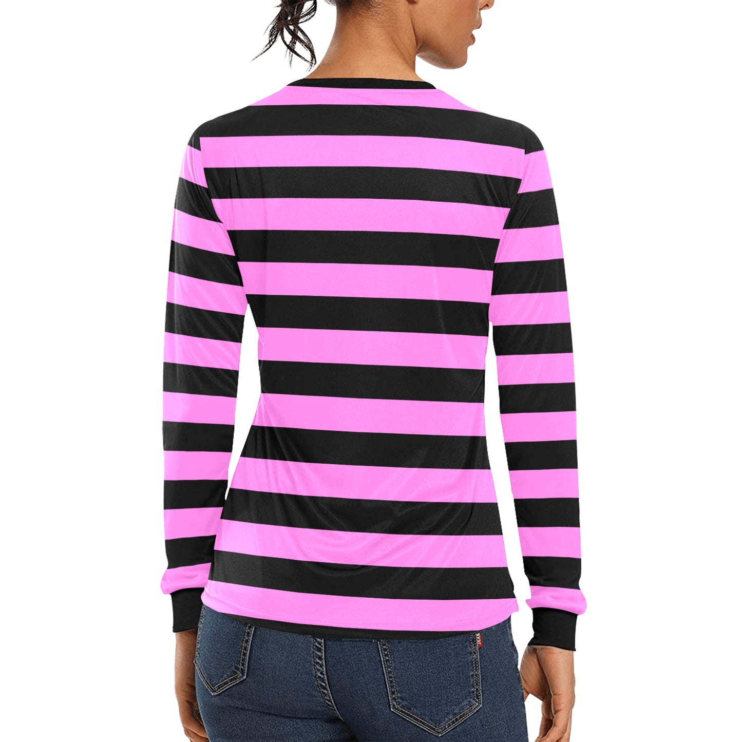 Black and Pink Striped Women Long Sleeve Tshirt, Designer Graphic Aesthetic Crew Neck Ladies Stripes Tee Shirt Top