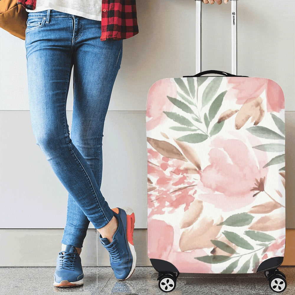 Pink Flowers Luggage Cover, Watercolor Cute Floral Print Suitcase Bag Washable Small Large Carry On Protector Wrap Travel Gift