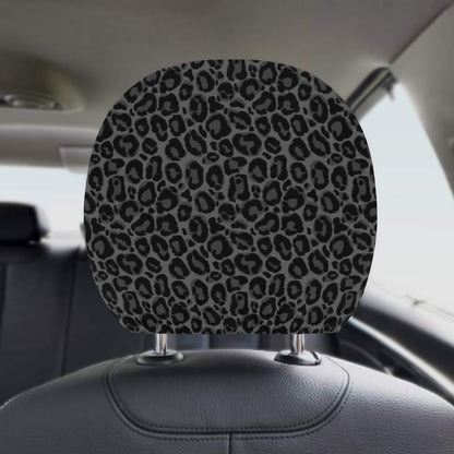 Black Leopard Car Seat Headrest Cover (2pcs), Animal Print Grey Truck Suv Van Vehicle Auto Decoration Protector New Car Gift Interior