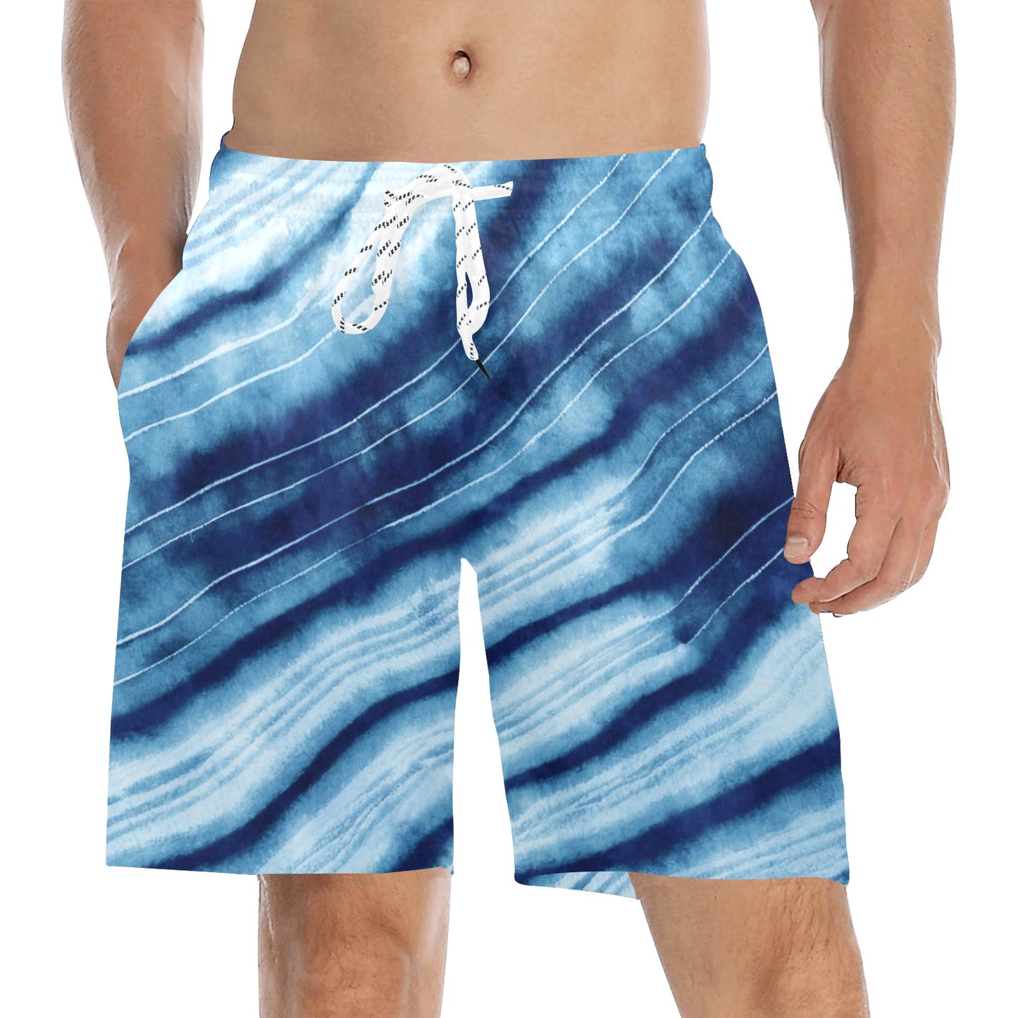 Tie Dye Men Swim Trunks, Blue Shibori Mid Length Shorts Beach Pockets Mesh Lining Drawstring Boys Casual Bathing Suit Plus Size Swimwear
