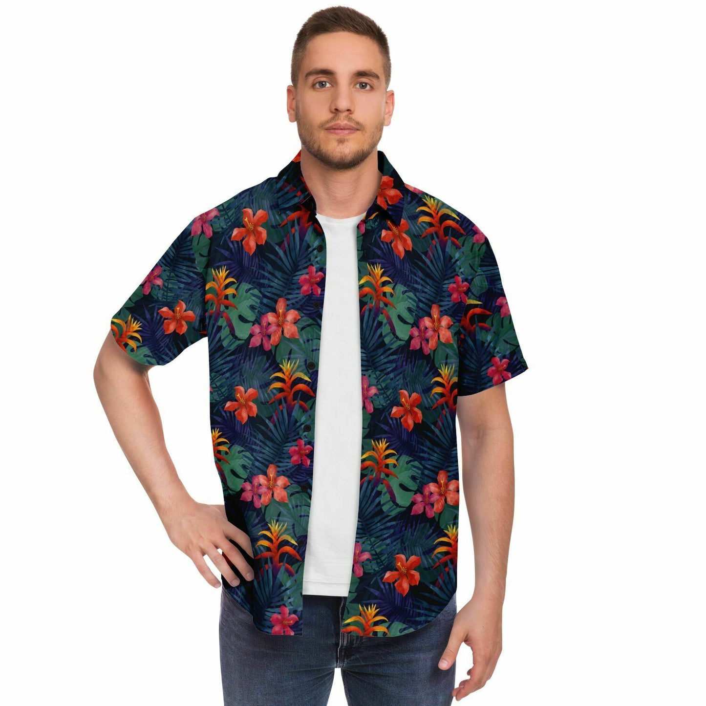 Tropical Men Button Down Shirt, Jungle Green Leaves Flowers Short Sleeve Casual Print Buttoned Up Collar Dress Plus size Shirt