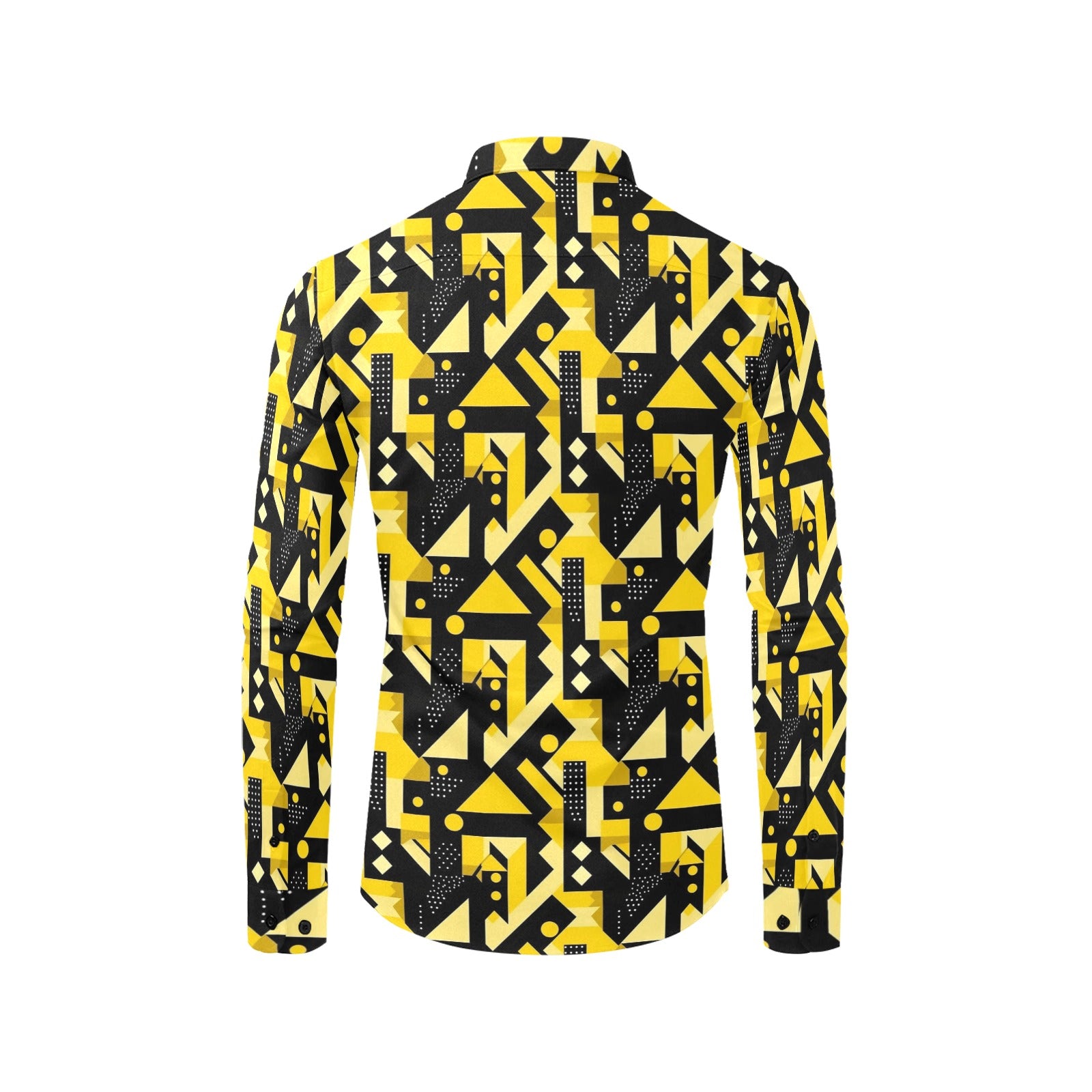 Black Yellow Geometric Long Sleeve Men Button Up Shirt, Abstract Modern Print Casual Buttoned Collared Designer Dress Shirt Chest Pocket 2XL Black Yellow Geometric Long Sleeve Men Button Up Shirt, Abstract Modern Print Casual Buttoned Collared Designer Dress Shirt Chest Pocket 2XL
