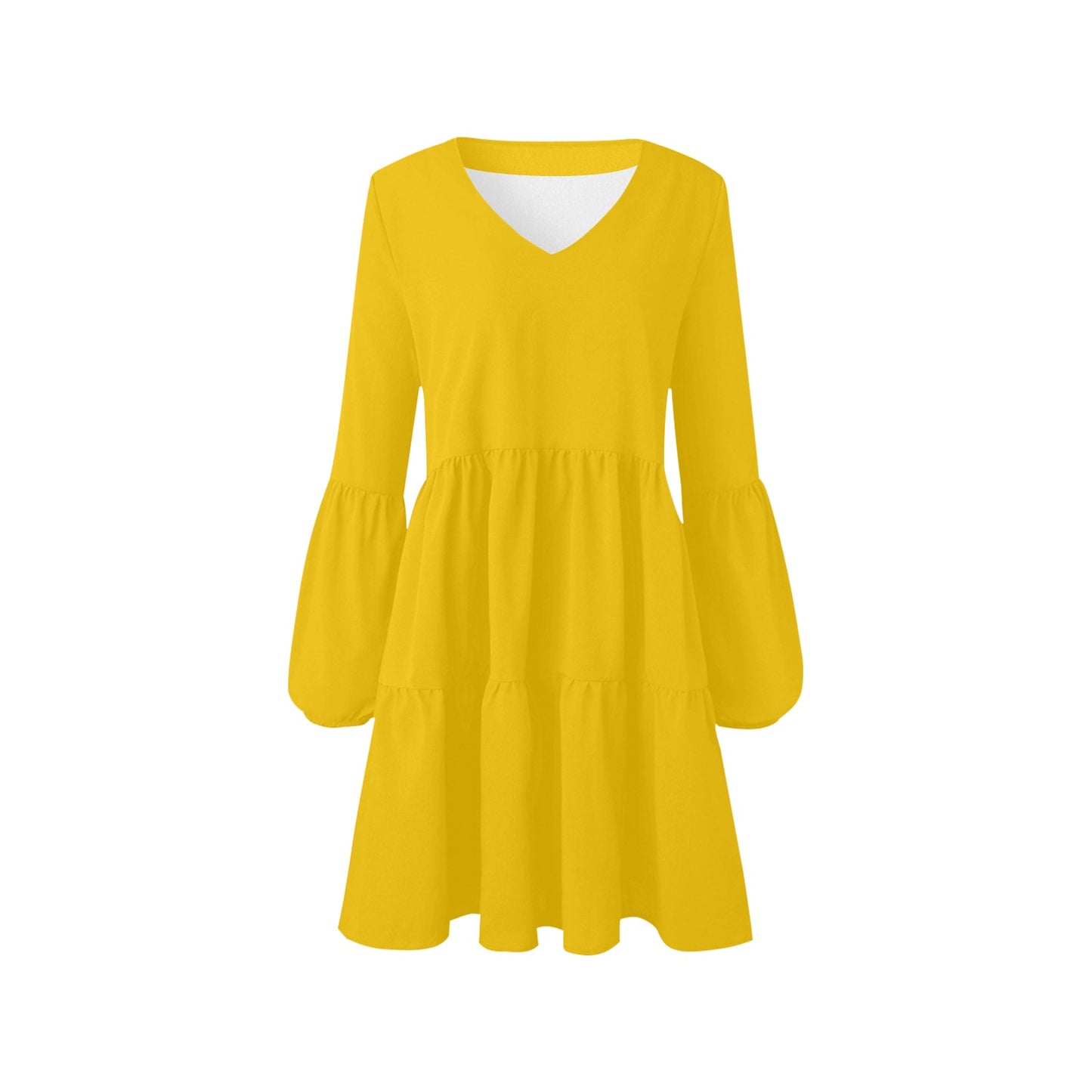 Yellow Flowy Gauze Dress Women, Retro Boho Bohemian Vintage Beach Summer V Neck Festival Casual Mini Long Sleeve