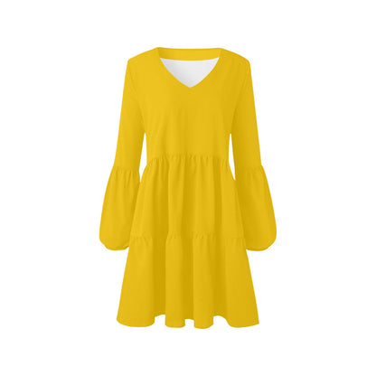 Yellow Flowy Gauze Dress Women, Retro Boho Bohemian Vintage Beach Summer V Neck Festival Casual Mini Long Sleeve