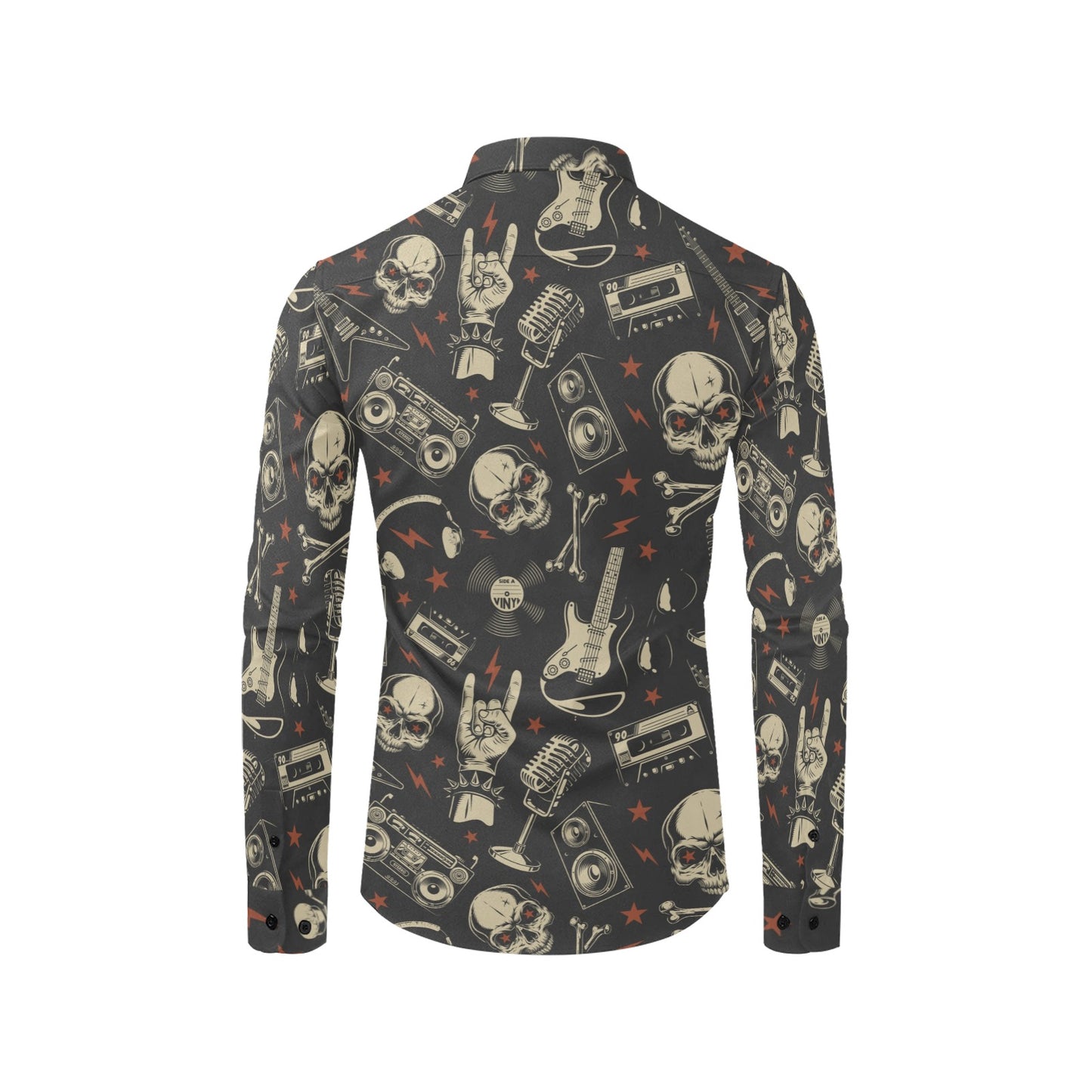 Rock Skull Long Sleeve Men Button Up Shirt, Classic Metal Music Band Guitar Print 80s Buttoned Collar Dress Shirt with Chest Pocket Guys