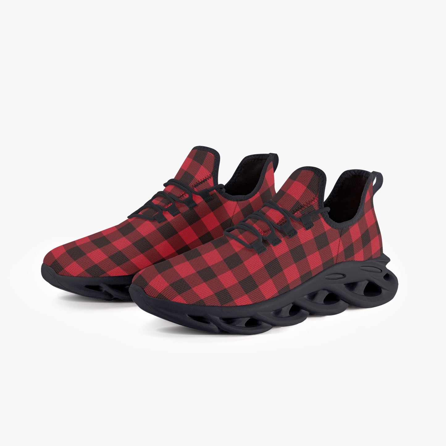 Red Black Buffalo Plaid Men Sneakers, Check Bouncing Mesh Knit Running Athletic Sport Gym Workout Breathable Lace Up Fitness Shoes Trainers Starcove Fashion