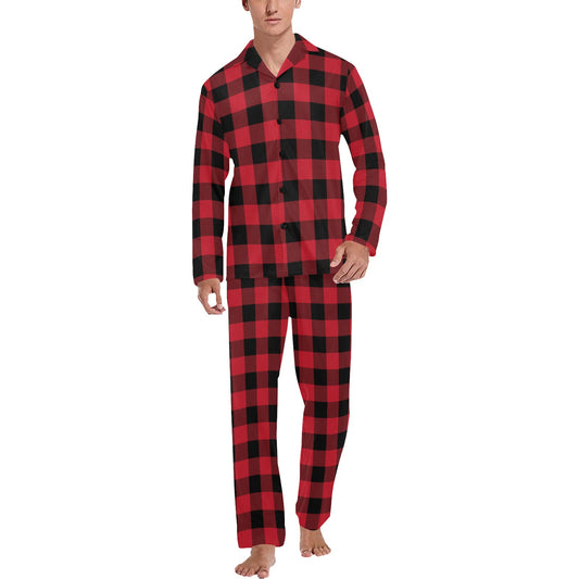Red Buffalo Plaid Men Pajama Set, Guys 2 Piece Pants Top PJ Checkered Winter Christmas Holiday Plaid Xmas Check Cozy Sleep Sleepwear Gift