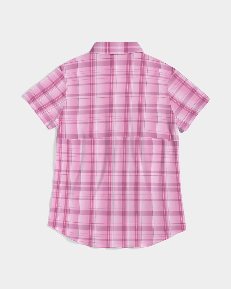 Pink Plaid Women's Button Up Shirt, Check Tartan Short Sleeve Print Casual Buttoned Down Summer Ladies Collared Casual Dress Top Blouse
