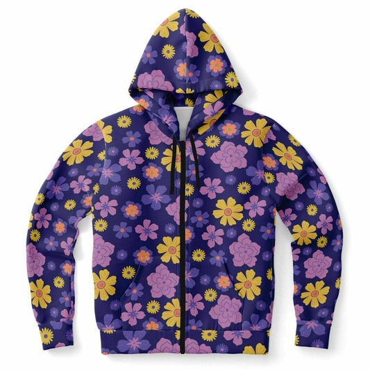 Floral Zip Up Hoodie, Blue Purple Flowers Front Zipper Pocket Men Women Unisex Adult Aesthetic Graphic Cotton Fleece Hooded Sweatshirt Starcove Fashion