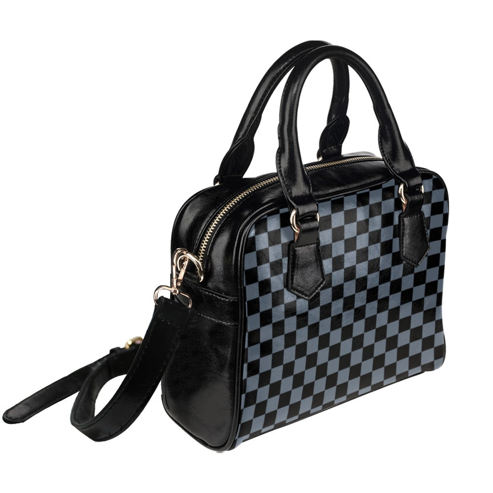 Gray Checkered Purse Handbag with Shoulder Strap, Cute Black Grey Check Plaid Vegan Faux PU Leather Women Designer Handbag Starcove Fashion