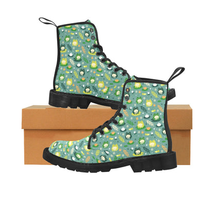 Cute Frog Women Boots, Animal Cottagecore Pattern Green Vegan Canvas Lace Up Festival Shoes Print Ankle Combat Handcrafted Casual Custom Starcove Fashion