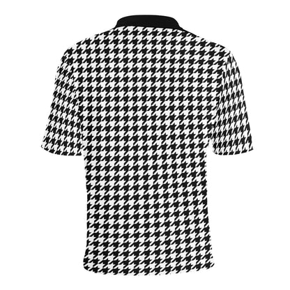 Houndstooth Men Polo Collared Shirt, Vintage Black White Pattern Casual Summer Buttoned Down Up Shirt Short Sleeve Sports Golf Tee Starcove Fashion