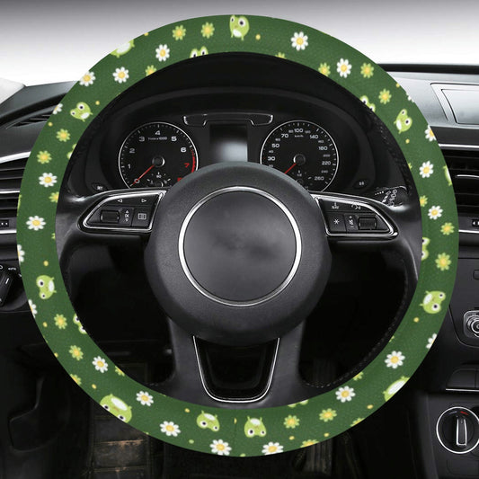 Cute Frogs Floral Steering Wheel Cover with Anti-Slip Insert, Kawaii Green Color Car Auto Driving Wrap Protector Women Ladies Accessories